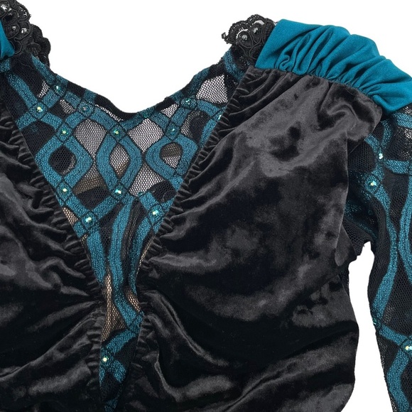 Competition Dance Solo Costume Black Velvet Leotard Teal Accent Rhinestones AXXS - Picture 11 of 14